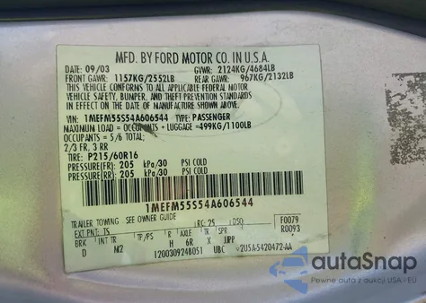 2004 Mercury Sable Ls Premium from USA, damaged, VIN 1MEFM55S54A606544